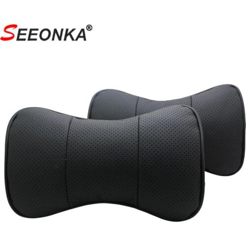 SEEONKA 2 Pcs Car Neck Pillow Genuine Leather Travel Neck Pillow car headrest Cervical Head Support Neck Rest Cushion