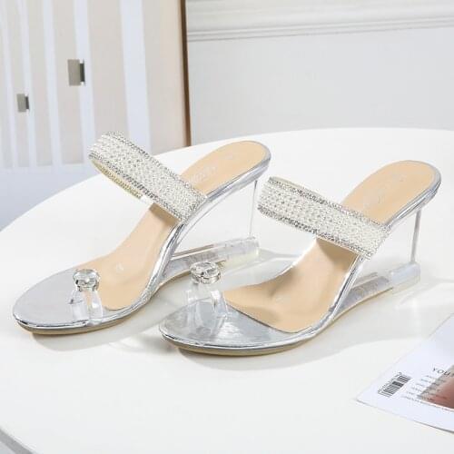 PVC HOT Female Slipper Shoes Women Wedges Transparent High Heels 8CM Summer Slides Peep Toe Crystal Women Slipper Lazy Shoes