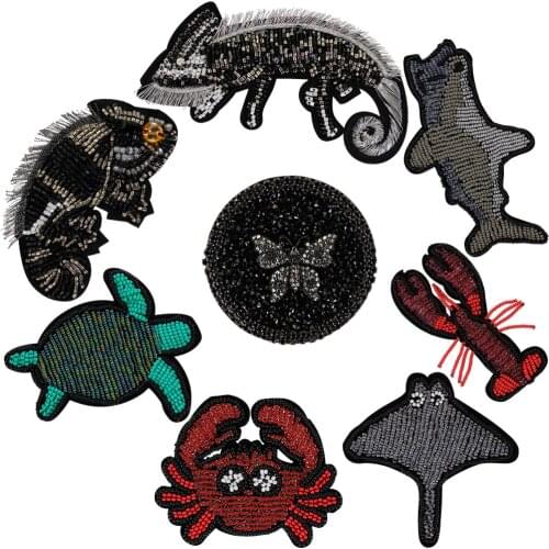 Handmade Rhinestone Beaded Patches Crab Lobster Tortoise Fish Lizard Butterfly Sew on Crystal Applique