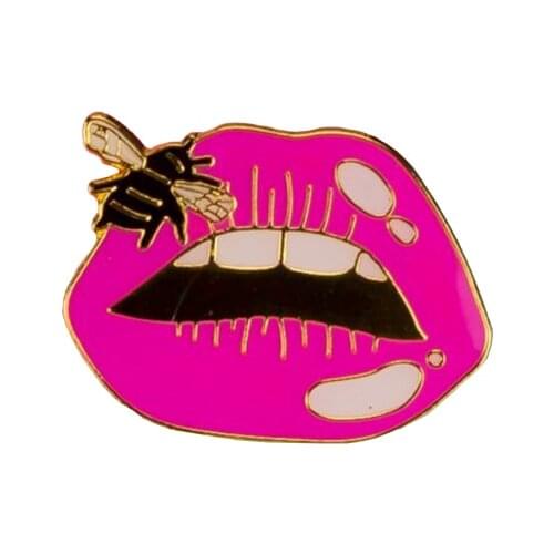 Hot Pink Bee on Lips Pin Hard Enamel Flair Cloisonne Lapel