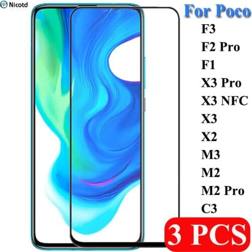 3Pcs/Lot Full Cover Tempered Glass Screen Protector For Xiaomi Poco X3 NFC Pro X2 F3 F2 F1 M3 M2 Pro C3 Safety Protective Glass