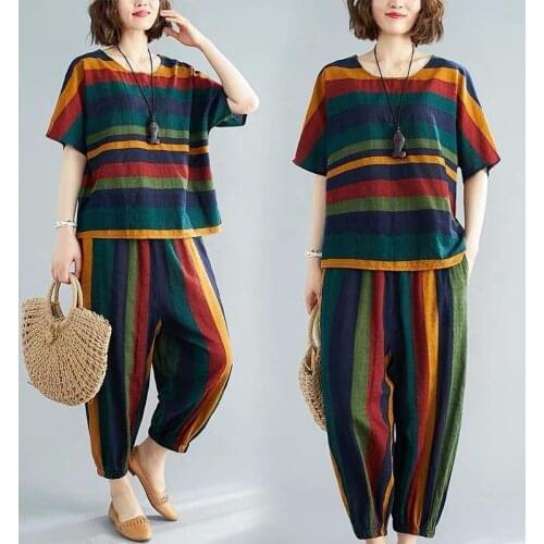 Cotton Plus Size Vintage Summer Casual 2 Two Piece Set Loose Tee T Shirt Women T-shirt Ladies Tshirt 2021 Tops Wide Leg Pants T1