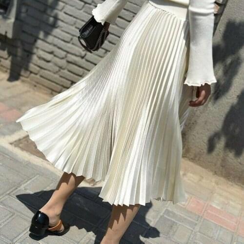 Women Chic Satin Midi Pleated Skirt Strech High Waist Metallics A-line Skirts