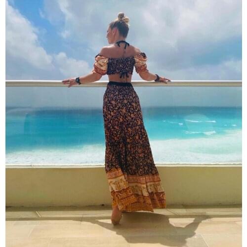 Happie Queens Women two piece outfits off shoulder Sleeveless tops Bohemian Tassel Drawstring skirts 2 pieces Boho sets