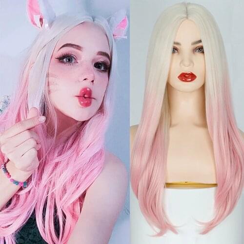 AZQUEEN Long Wavy Synthetic Ombre Blonde Wig Pink Wig for Women Cosplay Natural Middle Part Hair Wig High Temperature Fiber