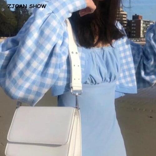 2021 CHIC French Check Plaid Knitted Crop Cardigan Sweater Retro Woman V neck Long Lantern Sleeve Gingham Jumper Short Knitwear