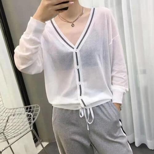 2021 Women Spring Ice Silk Knit Cardigans Lady V-neck Long Sleeve Sun Protection Cardigan Female Casual Hollow Out Cardigan F784
