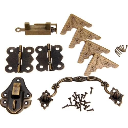9pcs/set Chinese Old Lock+Key+Pull Handle Knob+Cabinet Hinges+Corner Protectors Bracket+Latch Hasp Antique Bronze Vintage Decor