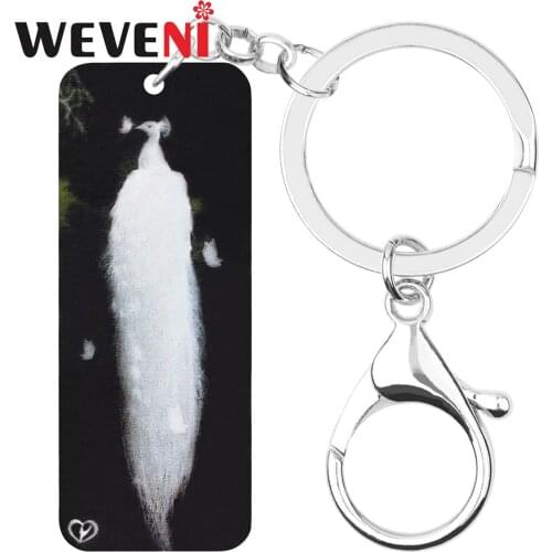 WEVENI Acrylic Rectangle White Peacock Keychains Bird Animal Keyring Jewelry For Women Teen Classic Gifts Bag Car Accessories