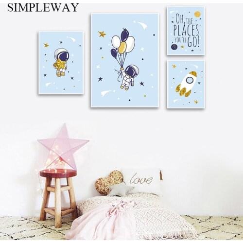 Astronaut SpaceShip Canvas Poster Nursery Quotes Wall Art Print Cartoon Painting Nordic Kids Decoration Pictures Baby Room Decor