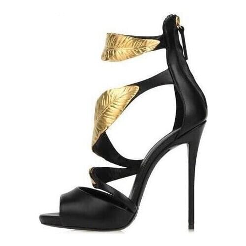Gold Leaves Sandals High Heel Cut Outs Ankle Wrap Open Toe Summer Dress Shoes Back Zipper Thin Heels Cage Shoes Woman Size 10