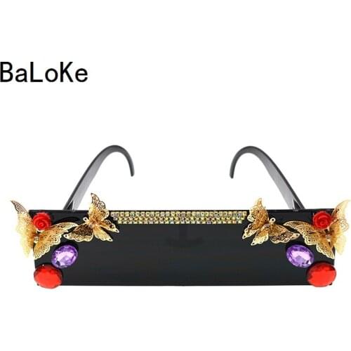 Retro Colorful Sunglasses Red Lens Flowers Rhinestone Sun Glasses Personality Carved Exaggerated Fashion Eyewear