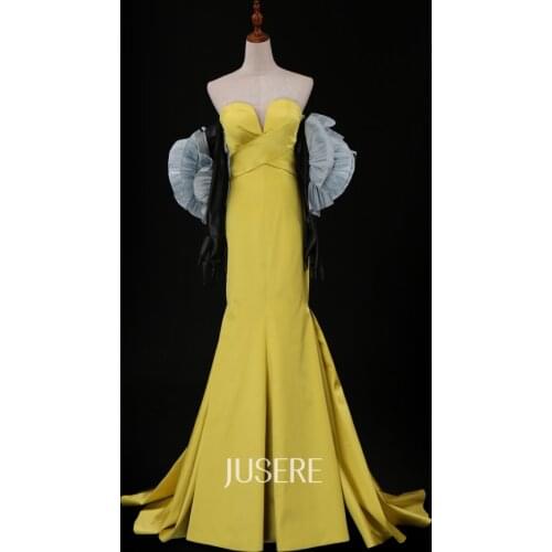 Strapless Long Mermaid Fitted Evening Dress Strapless Yellow Prom Dress with black gloves
