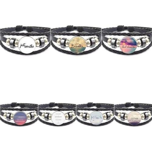 EJ Glaze For Women Men Just Breathe Quote Jewelry Glass Cabochon Black Leather Bracelet Bangle Jewelry