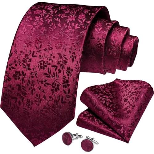 Quality Mens Tie Red Solid Floral Silk Wedding Tie For Men Hanky Cufflinks Gift Tie Set For Men DiBanGu New Designer SJT-7263