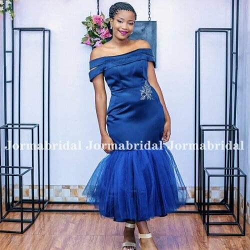 Short Blue Mermaid Bridesmaid Dresses Off The Shoulder Applique Satin Tea Length Maid Of Honor Dress Summer robes de soirée