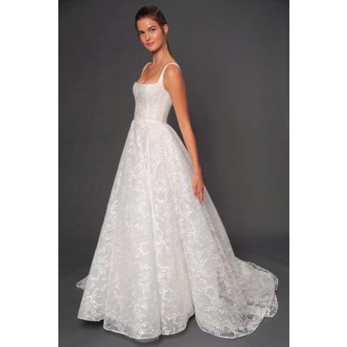 2021 Lace Wedding Dresses for Bride Long A Line Boat Neck Spaghetti Straps Bridal Gowns vestido de noiva