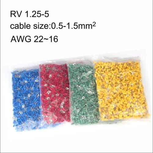 1000PCS copper insulated ring terminal RV1.25-5/3/4/6/10 AWG22-16 Imax 19A 0.5-1.5mm2 Cold pressed terminal O type