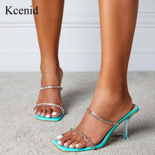 Kcenid Fashion New Rhinestone PVC Women Mules Summer Ladies Shoes Crystal Heel Slip On Open Toe Slides Party Pumps Big Size 42