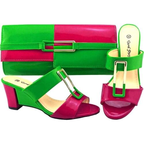 New Arrival Spring Green With Fuchsia Color Sandals Shoes And Bags Set Fashion Italian Women Wedge shoes And Bag Set For Party