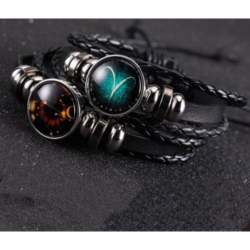 Charm Luminous 12 Constellations Leather Bracelet Zodiac Sign with Beads Bangle Bracelets For Men Glow in the Darkness Jewelry