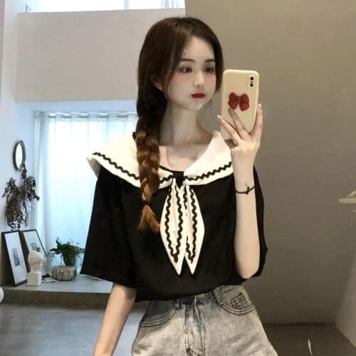 Korean Popular T-shirt Women Design Sense niche Summer 2021 New Short-Sleeved Navy Collar Sweet Chic Top College Style Ins Tide