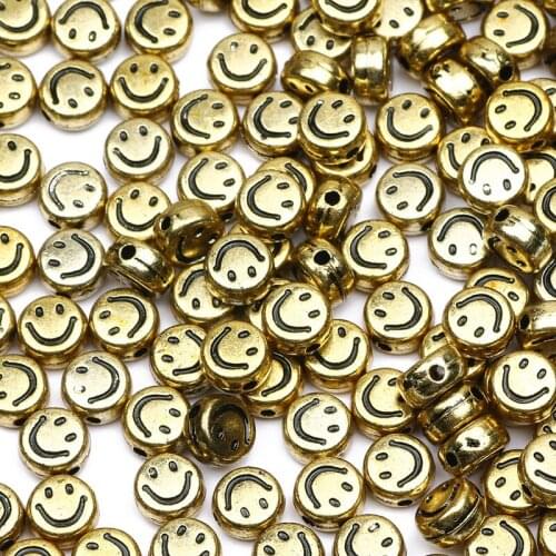 Gold Plated Acrylic Round Beads Smiley Face Loose Spacer Beads For Jewelry Making Diy Bracelet Necklace Accessories 4x7mm