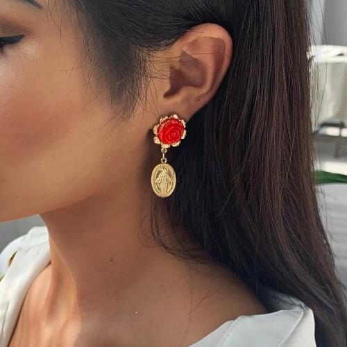 Lalynnly Jesus Portrait Drop Earrings Red Rose Flower Dangle Earring Ethnic Female Earrings Religious Christian Jewelry E8377