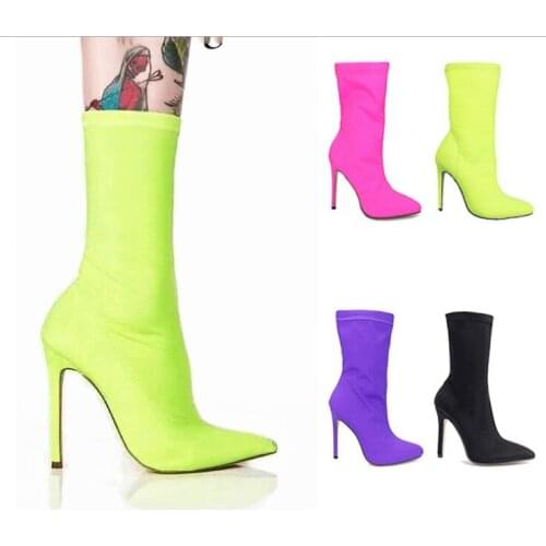 Women shoes Pointed Toe Elastic Boots Candy Color Cloth Boots High Heel Socks Boots Thin High Heels Women Shoes Pumps Size 35-43