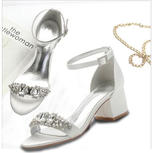 MarHermaso Womens Satin Sandals Chunky Heels Dressing shoes Rhinestones Wedding Sandals Black Sandalias