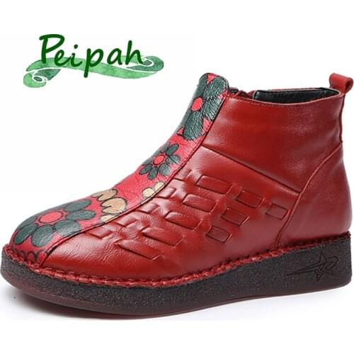 PEIPAH New Arrival 100% Handmade Women Ankle Boots Winter Print Zip Flat Boots For Woman Casual Retro Winter Shoes Botines Mujer