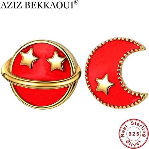 AZIZ BEKKAOUI 925 Sterling Silver Red Moon and Star Stud Earrings for Women Unique Silver Earrings Fashion Jewelry Gift