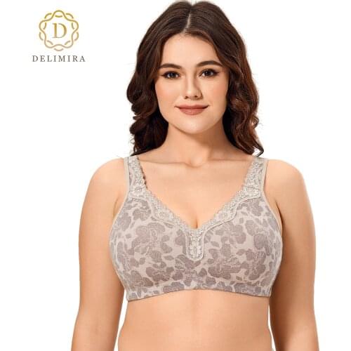 Delimira Womens Floral Lace Cotton Bra Plus Size Wire-Free Non-Foam Comfort Wide Straps Full Coverage Sleep Underswear