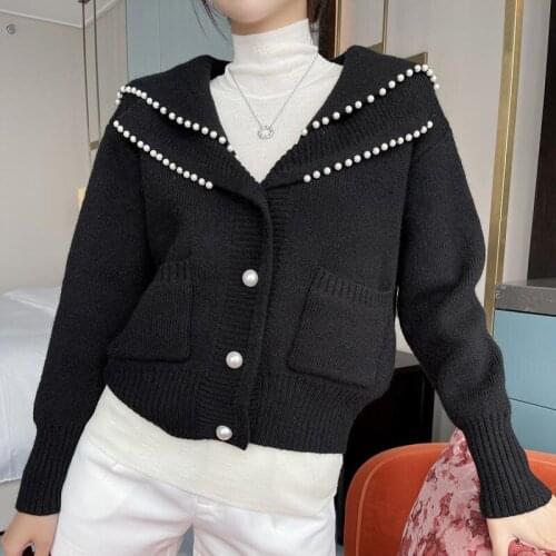 2021 Early Autumn New Fashion Long-Sleeved Knitted Sweater Pearl Beading Retro Single-Breasted Womens Knitted Sweater Cardigan