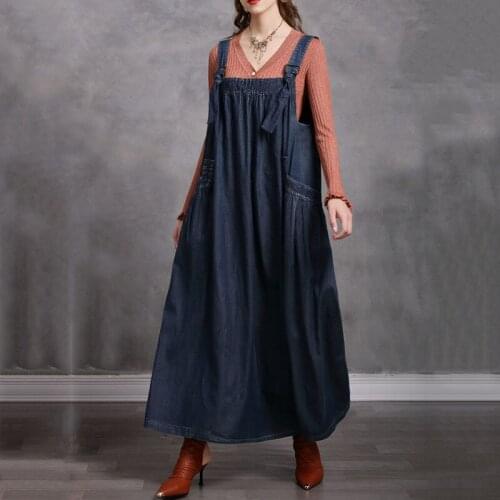 SeeBeautiful A-line Denim Strap Dress Sleeveless Pockets Large Size Vintage Simple Woman Spring 2021 New Fashion T651