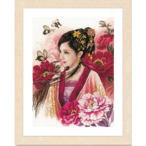 Gold Collection Beautiful Counted Cross Stitch Kit Asian Lady in Pink Girl Woman Lass and Peony Flower Peonies