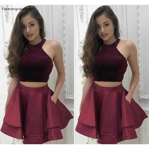 2019 Cheap Burgundy Two Pieces Cocktail Dress A-line Halter Neck Juniors Sweet 15 Graduation Party Dress Plus Size