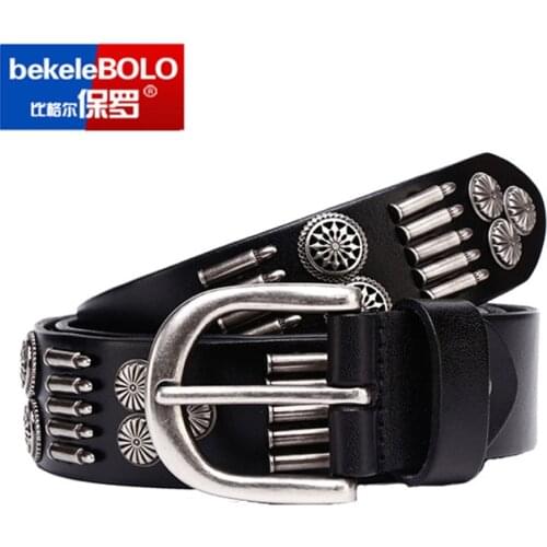 Bekele Punk Bullet Rivet Belt Mens Top Grain Real Leather Belt Pin Buckle Belt For Jeans Female Personality Cool