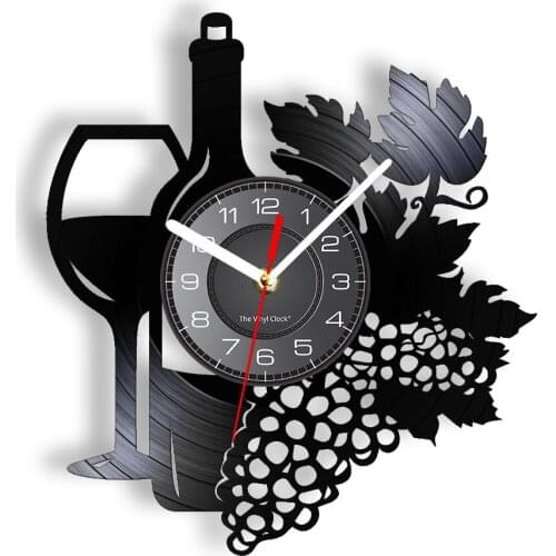 Fruit Wine Bottle With Wine Glass Vinyl Record Wall Clock Grape Cluster Home Bar Winery Decor Kitchen Still Life Album Clock