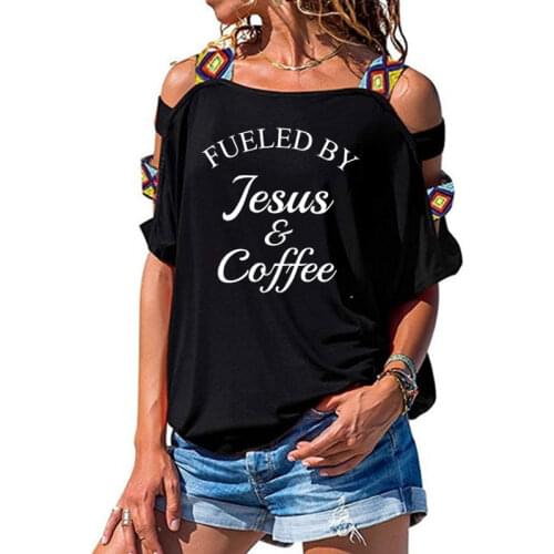 Fueled By Jesus & Coffee T-shirt Ladies Religious Christian Women Hollow Out Shoulder Motivational Bible Verse Church Tee Top