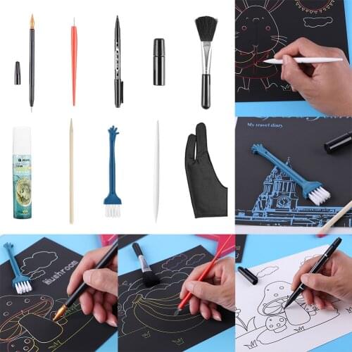 Scratch Painting Tools Scraping Drawing Sketch Art DIY Crafts Scraper Pen Black Brush Stick Paper Boards Kit 2020