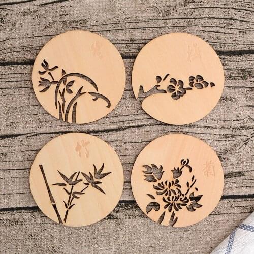 1 pcs Chinese Style Cup Mat Flowers Wooden Carved Round Heat Resistant Non-slip Table Tea Coffee Cup Pad Kitchen Accessories