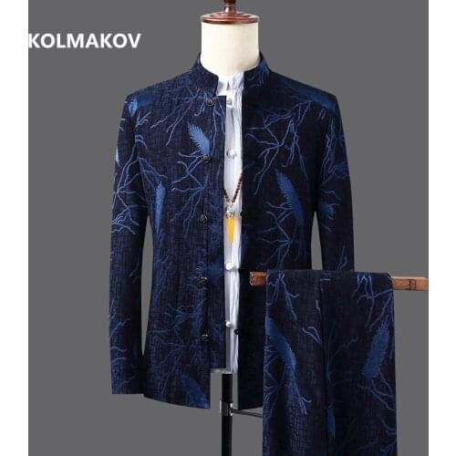 Jacket+ trousers)2021 autumn Chinese style men jackets print suits mens casual fashion jacket and trousers men full size M-5XL