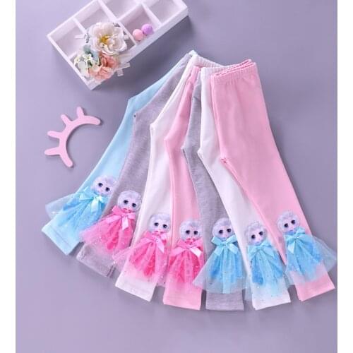 Cute Little Girls Leggings Elsa Princess Mesh Bow Tie Appliques Autumn Teenagers Children Pants Fashion Kids Summer Clothes