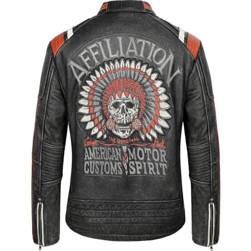 2021 New Mens Genuine 100% Cowhide Leather Jacket Black Retro Indian Embroidered Skull Jacket Coat Motorcycle Slim-Fit Jacket