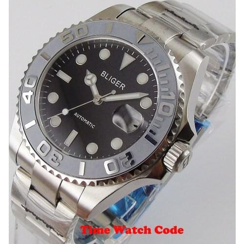 Bliger 40mm Automatic Mens Wristwatch black Dial Miyota Movement Date Window Cyclops Sapphire glass Bracelet Luminous ceramic