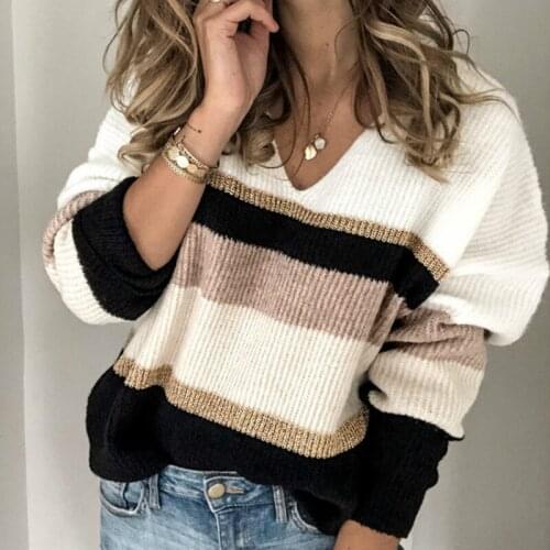 Autumn Winter Striped Knitted V-Neck Sweater Women Loose Color Block Womens Pullovers Knitwear Female Outwear Sweaters Jumpers