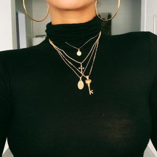 Cross Necklace Women Retro Multilayer Cross Key Man Head Pendant Chain Necklaces Womens Jewelry Wholesale Collares