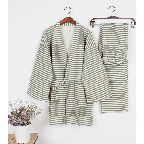 Navy Stripe Couples Matching Autumn/Winter Pure Cotton Air Layer Kimono Pajamas Men/Women Home Work Clothes Bathrobe Home Set
