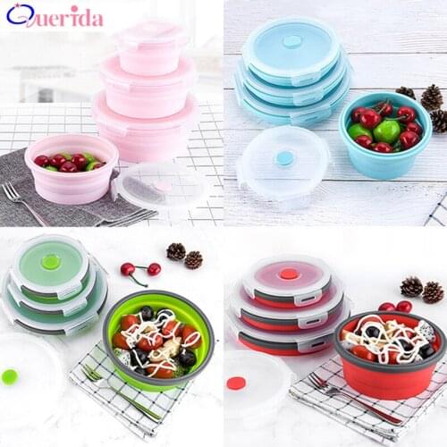 1-4 Pcs/Set Portable Leakproof Lunch Box Round Silicone Folding Microwave Lunch Box Set Refrigerator Food Container